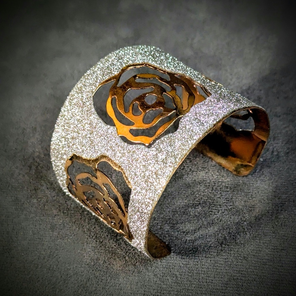 Bracelet! Elegant HANDCRAFTED Rose Gold w/ Silver cut out Rose Cuff Bracelet - Picture 2 of 4